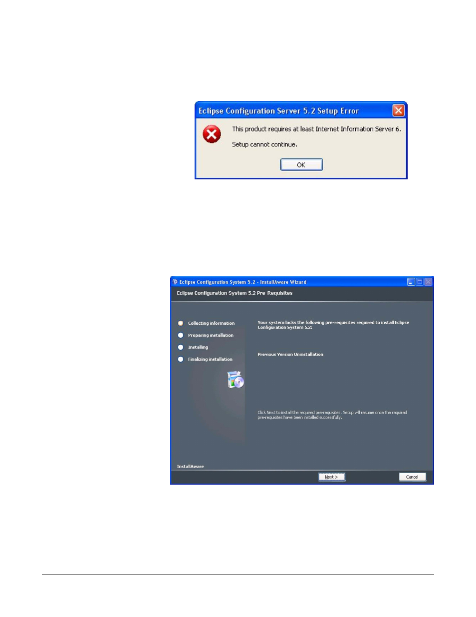 Figure 12-10 iis installation error -10, Figure 12-11 ecs install first stage -10 | Clear-Com Eclipse-Omega User Manual | Page 392 / 466
