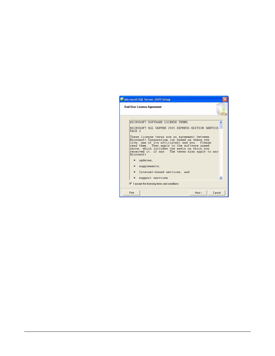 Install sql server, Install sql server -22, Figure 12-27 sql server 2005 licence -22 | Clear-Com Eclipse-Omega User Manual | Page 404 / 466
