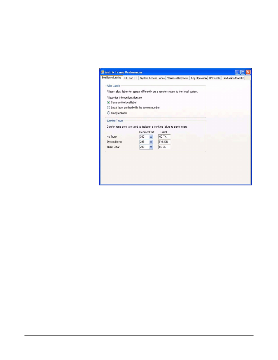 Matrix frame preferences, Intelligent linking setup, Matrix frame preferences -16 | Intelligent linking setup -16, Figure 3-18 matrix frame preferences -16 | Clear-Com Eclipse-Omega User Manual | Page 70 / 466