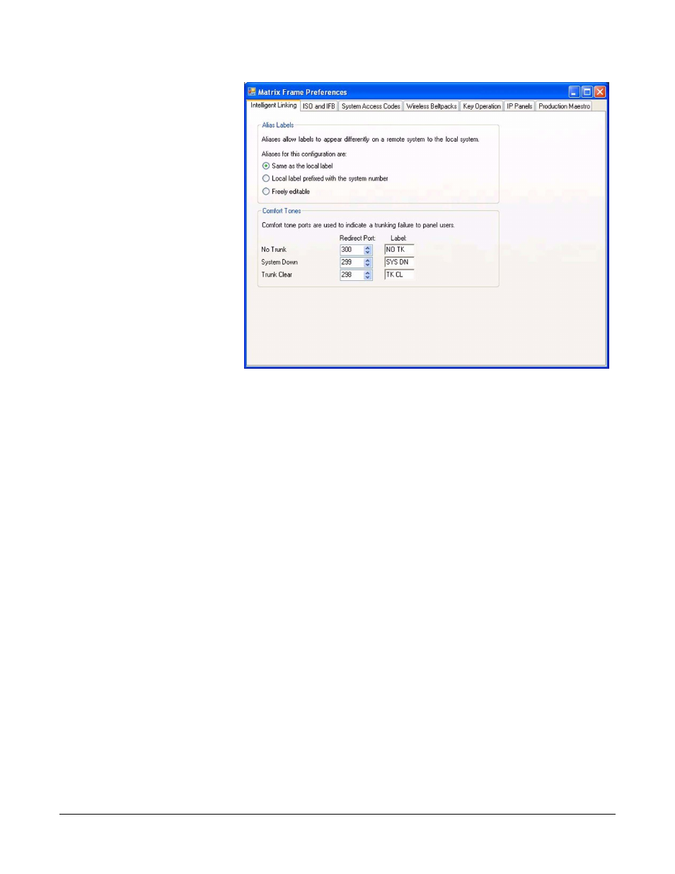 Alias labels, Comfort tones, Figure 3-19 intelligent linking tab -17 | Clear-Com Eclipse-Omega User Manual | Page 71 / 466