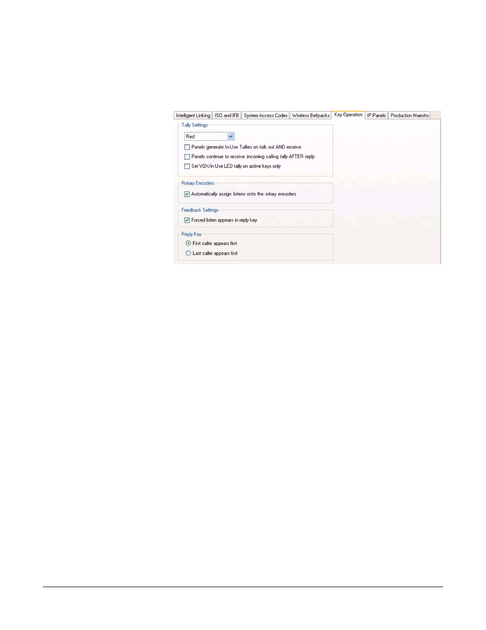 Key operation setup, Tally settings, Key operation setup -24 | Figure 3-29 key operation tab -24 | Clear-Com Eclipse-Omega User Manual | Page 78 / 466