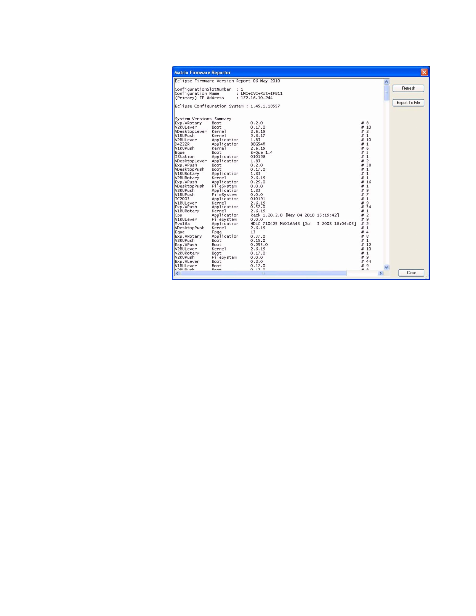 Cpu cards, Mvx-a16 cards, Fiber cards | E-que cards, Ivc-32 cards, Lmc-64 cards, Figure 3-38 firmware report display -31 | Clear-Com Eclipse-Omega User Manual | Page 85 / 466