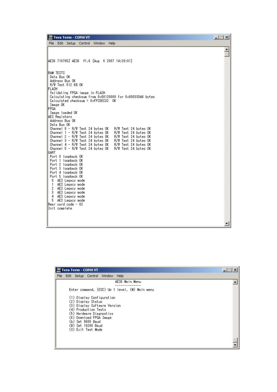 Figure 105, Aes-6 fpga upgrade using teraterm, Figure 106 | Aes-6 main menu display, Eclipse upgrade reference manual | Clear-Com Eclipse-Omega User Manual | Page 123 / 155