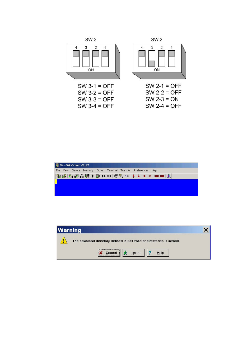 Figure 6, Cpu dip switches in default mode, Figure 7 | S4 driver download, Figure 8, S4 driver warning window, Eclipse upgrade reference manual | Clear-Com Eclipse-Omega User Manual | Page 22 / 155