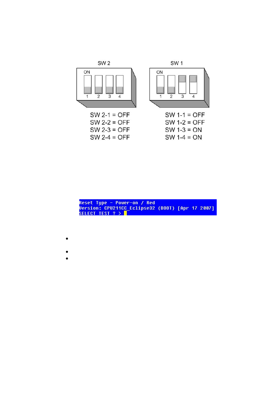 Figure 24, E-pico/e-32 switches in test mode, Figure 25 | E-32 boot output, Eclipse upgrade reference manual | Clear-Com Eclipse-Omega User Manual | Page 40 / 155