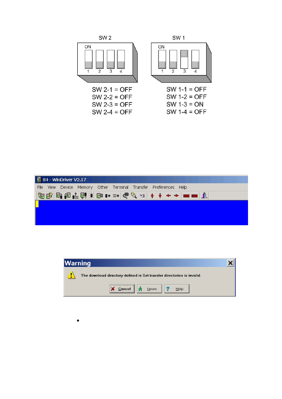 Figure 26, E-pico/e-32 dip switches in default mode, Figure 27 | S4 driver toolbar, Figure 28, S4 driver warning screen, Eclipse upgrade reference manual | Clear-Com Eclipse-Omega User Manual | Page 41 / 155