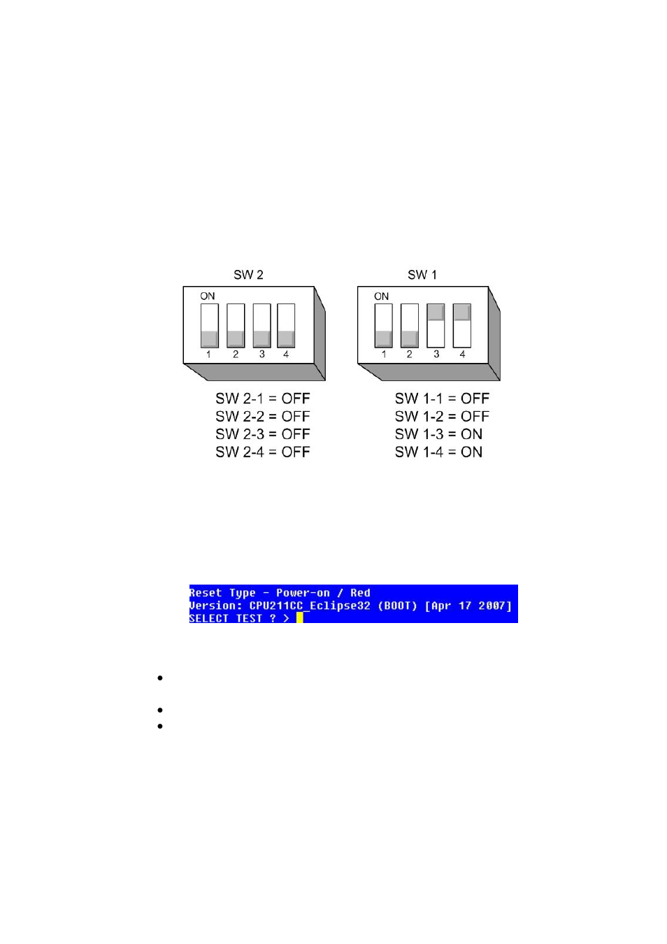 Figure 35, Pico/e-32 switches in test mode, Figure 36 | E-32 boot output, Eclipse upgrade reference manual | Clear-Com Eclipse-Omega User Manual | Page 46 / 155