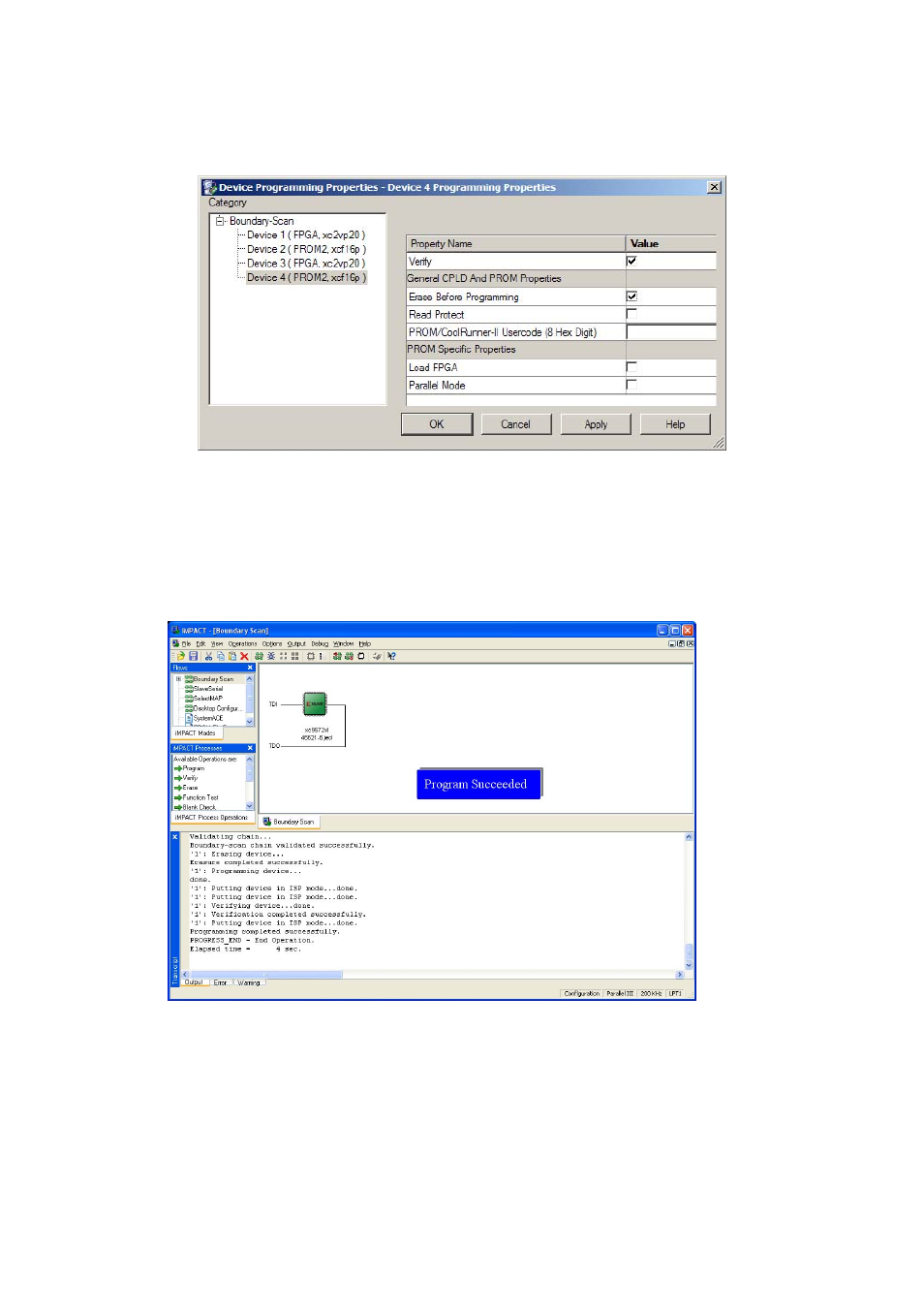 Figure 68, Xilinx device programming properties, Figure 69 | Xilinx program succeeded, Eclipse upgrade reference manual | Clear-Com Eclipse-Omega User Manual | Page 73 / 155
