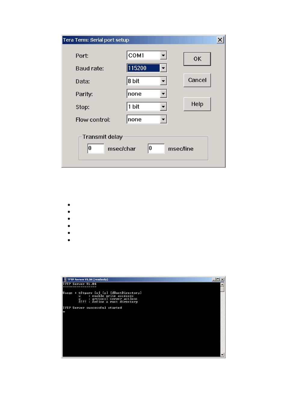 Figure 72, Teraterm serial port setup, Figure 73 | Tftp server window, Eclipse upgrade reference manual | Clear-Com Eclipse-Omega User Manual | Page 76 / 155