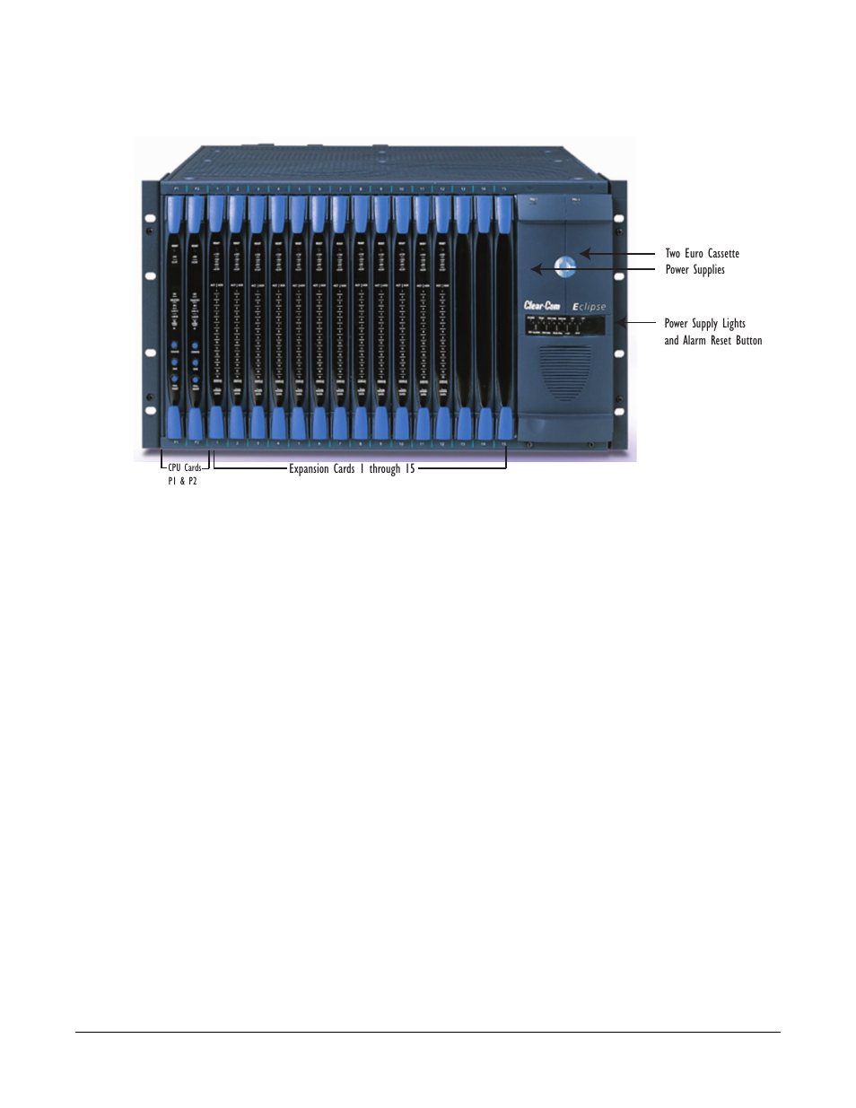 Front-panel controls and lights, Central processor unit (cpu) card description, Front-panel controls and lights -2 | Central processor unit (cpu) card description -2, Figure 2-1 front panel of eclipse omega matrix -2 | Clear-Com Eclipse-Omega User Manual | Page 22 / 142
