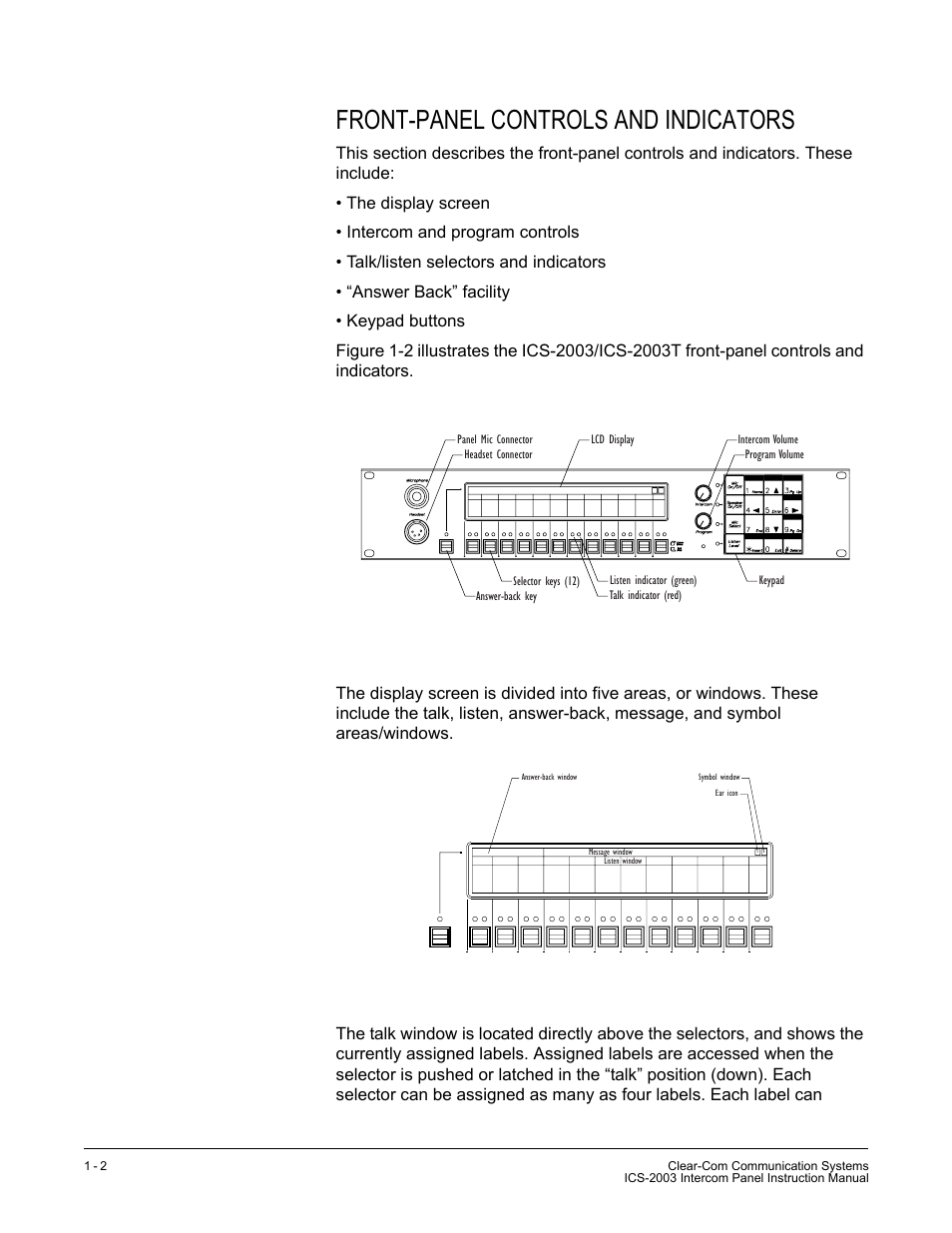 Front-panel controls and indicators, Display screen, Talk window | Clear-Com ICS-2003 User Manual | Page 10 / 97