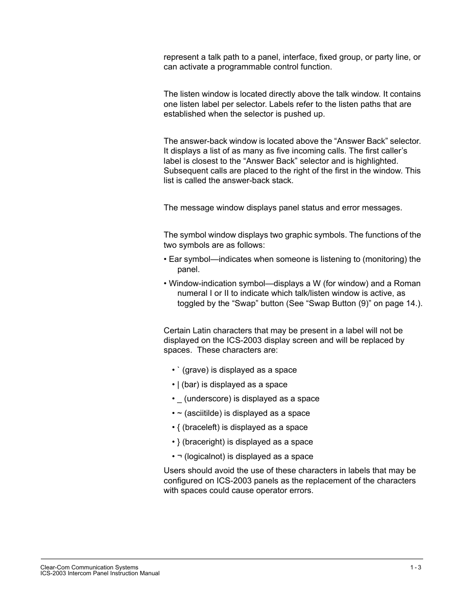 Listen window, Answer-back window, Message window | Symbol window, Non-displaying characters | Clear-Com ICS-2003 User Manual | Page 11 / 97