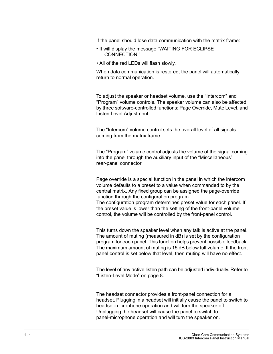 Communication-error indicator, Speaker/headset level controls, Intercom volume | Program volume, Mute level, Listen level adjustment, Headset connector | Clear-Com ICS-2003 User Manual | Page 12 / 97