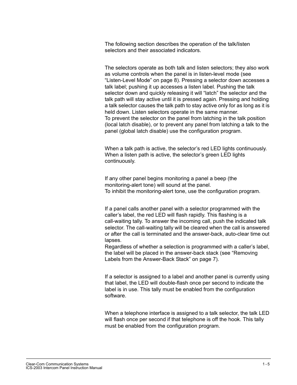 Talk/listen selectors and indicators, Selector operation, Talk and listen indicators | Monitoring/eavesdropping indicators, Call-waiting indicator, In-use tally indicator, Telephone off-hook tally indicator | Clear-Com ICS-2003 User Manual | Page 13 / 97