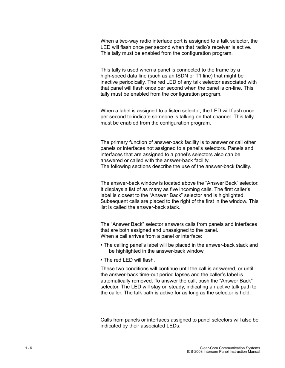 Radio receiver active tally indicator, Panel connected tally indicator, Audio presence tally indicator | Answer-back facility, Answer-back window, Answer-back selector | Clear-Com ICS-2003 User Manual | Page 14 / 97