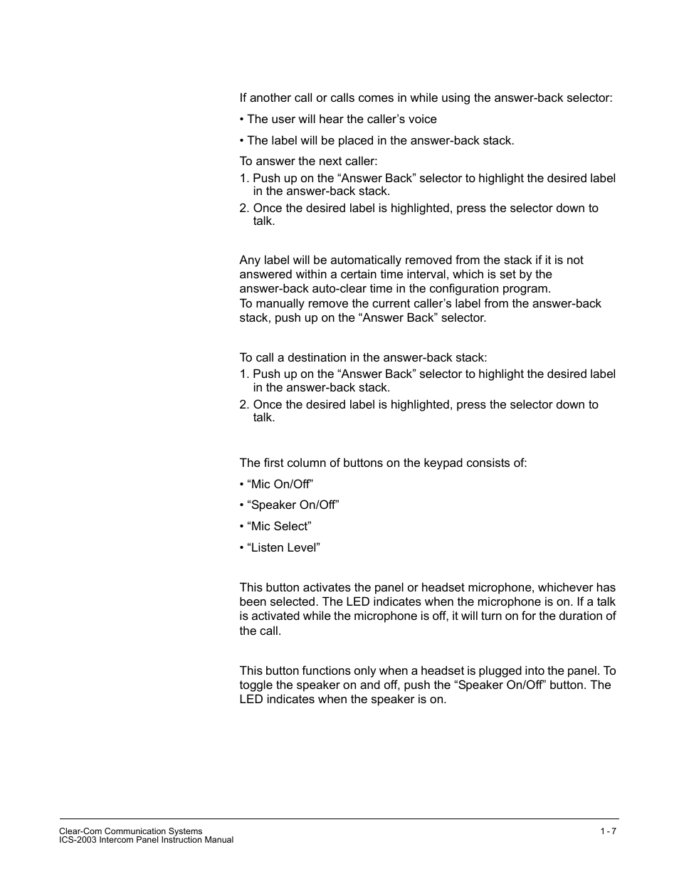 Answer-back label selection, Removing labels from the answer-back stack, Calling an unassigned panel | Keypad: single-function buttons, Mic on/off button, Speaker on/off button | Clear-Com ICS-2003 User Manual | Page 15 / 97