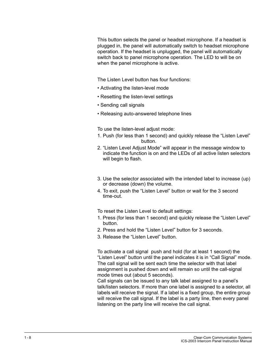 Mic select button, Listen level button, Listen-level mode | Listen level reset, Call signals | Clear-Com ICS-2003 User Manual | Page 16 / 97