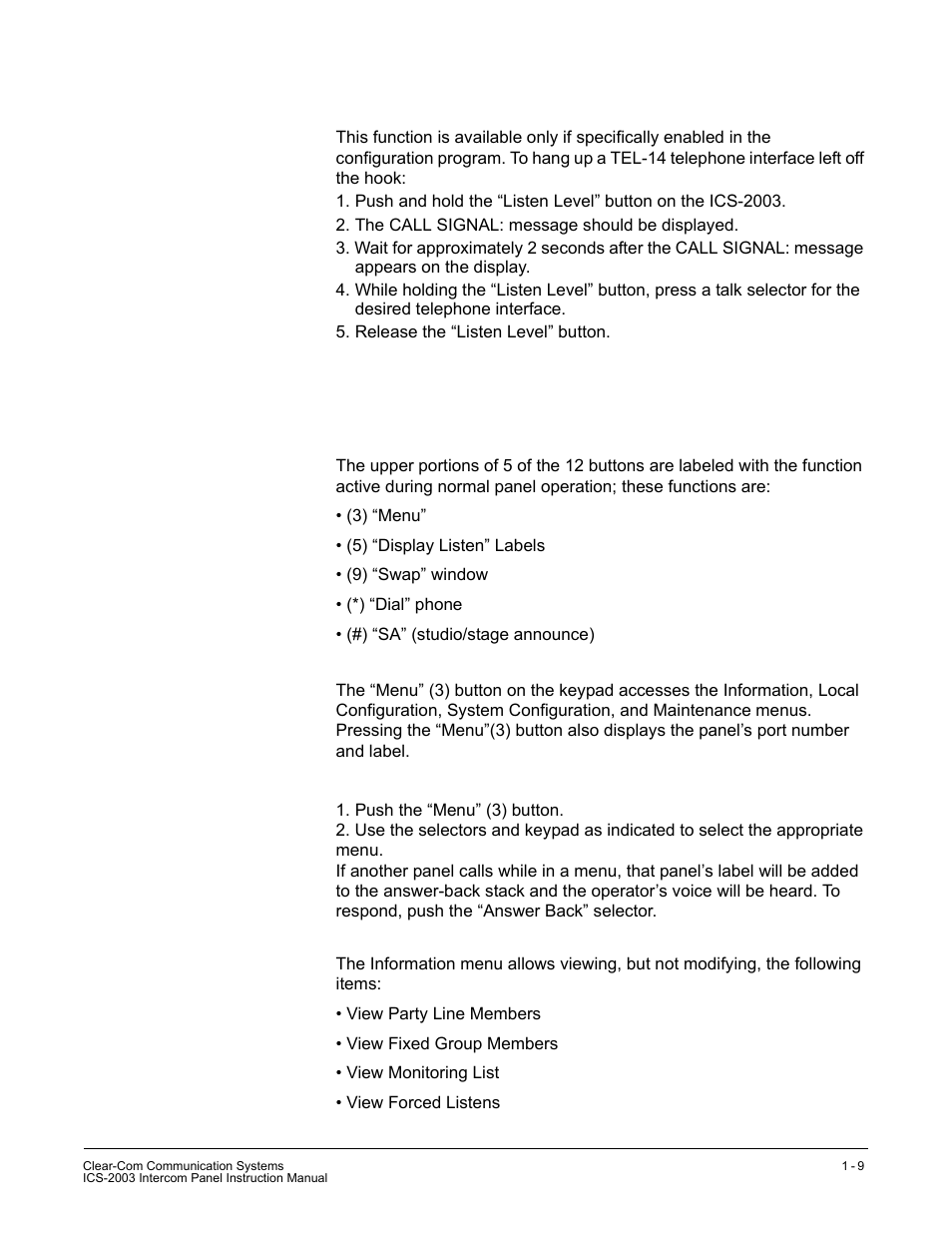 Remote telephone line release, Keypad: administrative buttons, Menu button (3) | Information menu | Clear-Com ICS-2003 User Manual | Page 17 / 97