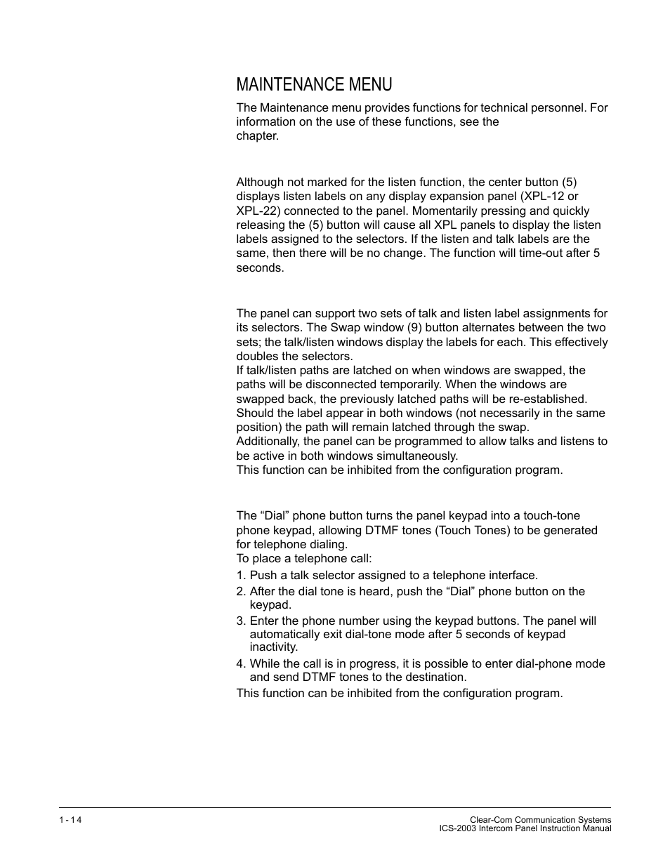 Maintenance menu, Listens button (5), Swap button (9) | Dial button (*) | Clear-Com ICS-2003 User Manual | Page 22 / 97