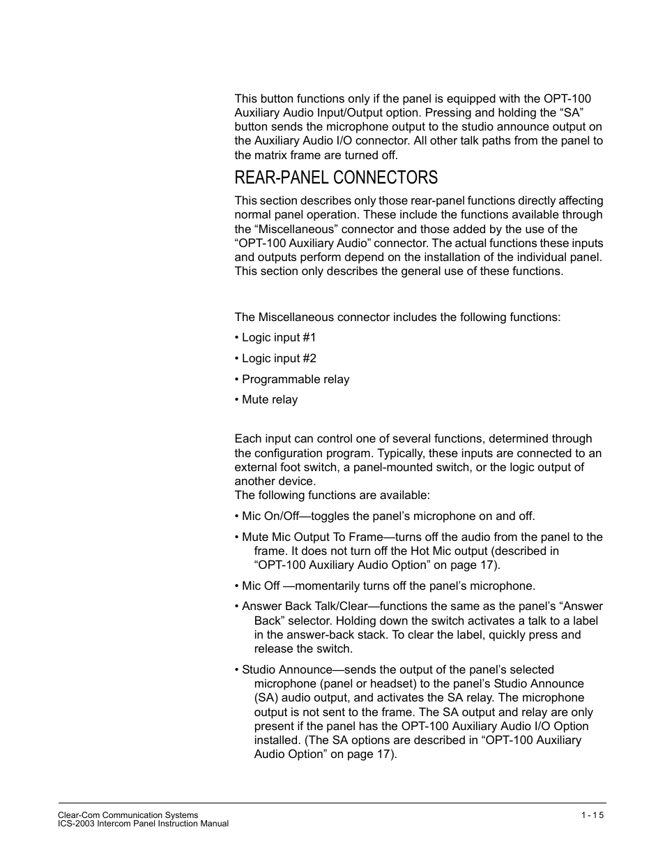 Sa (studio/stage announce) button (#), Rear-panel connectors, Miscellaneous connector | Logic input #1 and #2 | Clear-Com ICS-2003 User Manual | Page 23 / 97