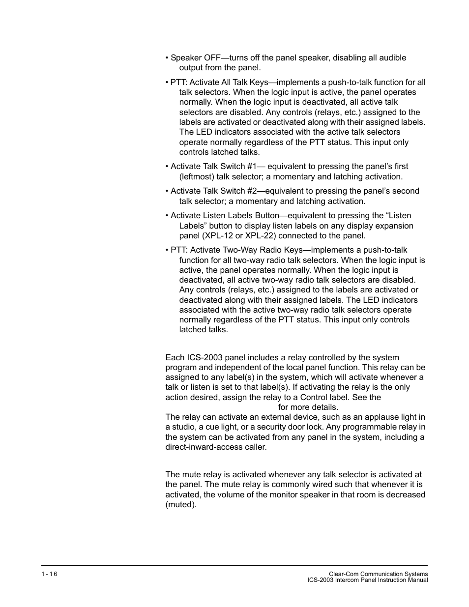 Programmable relay, Mute relay | Clear-Com ICS-2003 User Manual | Page 24 / 97