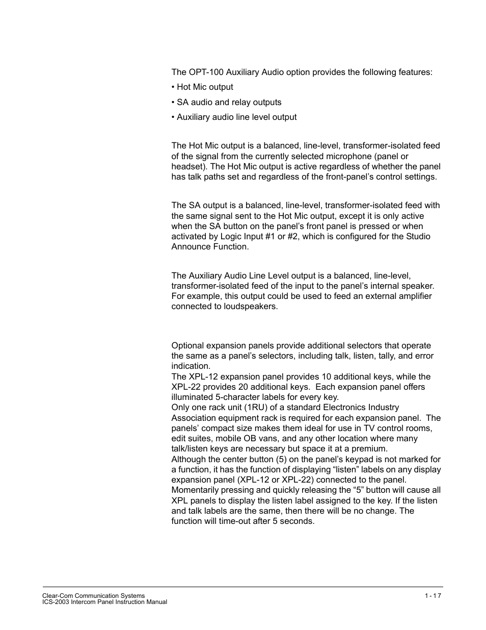 Opt-100 auxiliary audio option, Hot mic output, Studio/stage announce audio and relay outputs | Auxiliary audio line level output, Expansion panel operation | Clear-Com ICS-2003 User Manual | Page 25 / 97