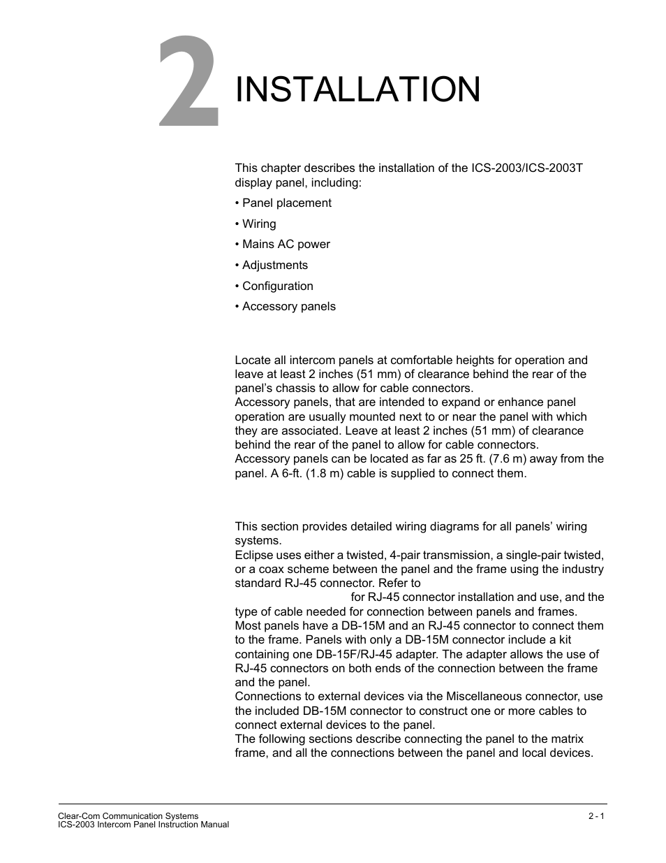 Installation, Introduction, Mounting panels | Wiring | Clear-Com ICS-2003 User Manual | Page 27 / 97