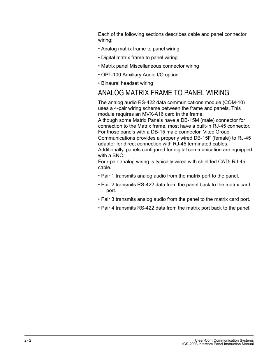 Analog matrix frame to panel wiring | Clear-Com ICS-2003 User Manual | Page 28 / 97