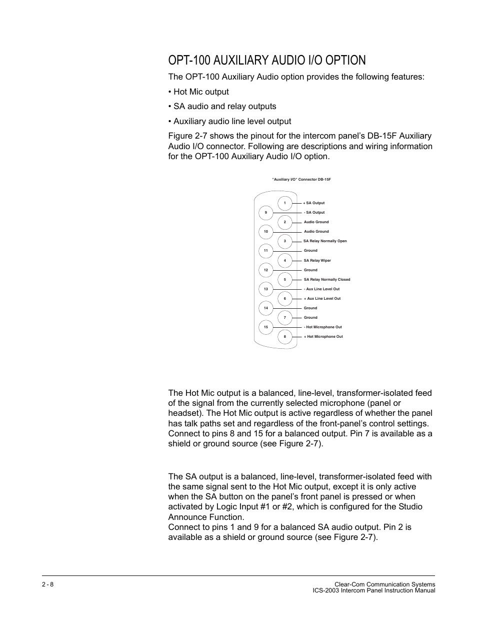 Opt-100 auxiliary audio i/o option, Hot mic output, Studio/stage announce audio and relay outputs | Figure 2-7: auxiliary i/o connector | Clear-Com ICS-2003 User Manual | Page 34 / 97