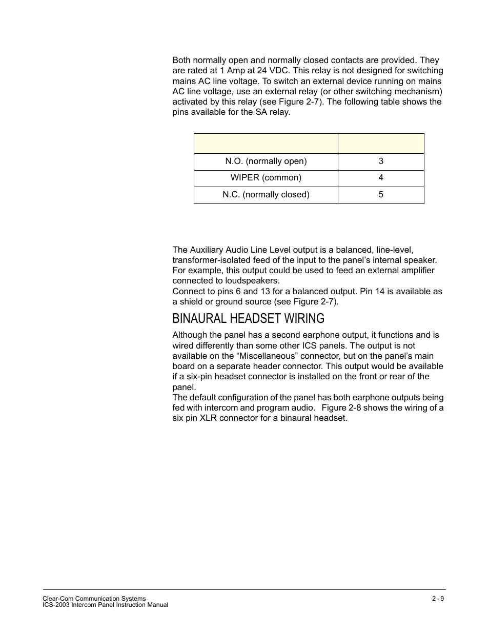 Auxiliary audio line level output, Binaural headset wiring | Clear-Com ICS-2003 User Manual | Page 35 / 97