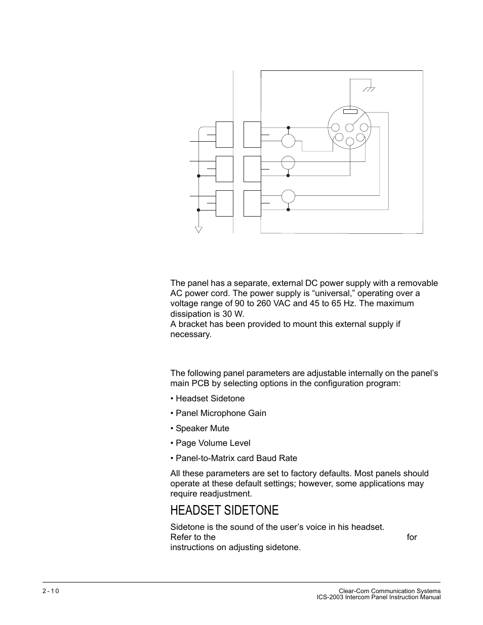 Mains ac power, Adjustments, Headset sidetone | Clear-Com ICS-2003 User Manual | Page 36 / 97