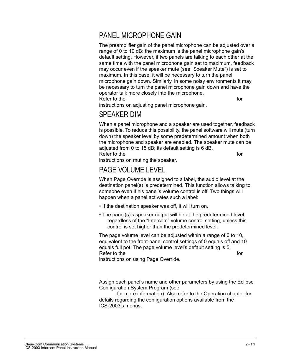 Panel microphone gain, Speaker dim, Configuration | Page volume level | Clear-Com ICS-2003 User Manual | Page 37 / 97