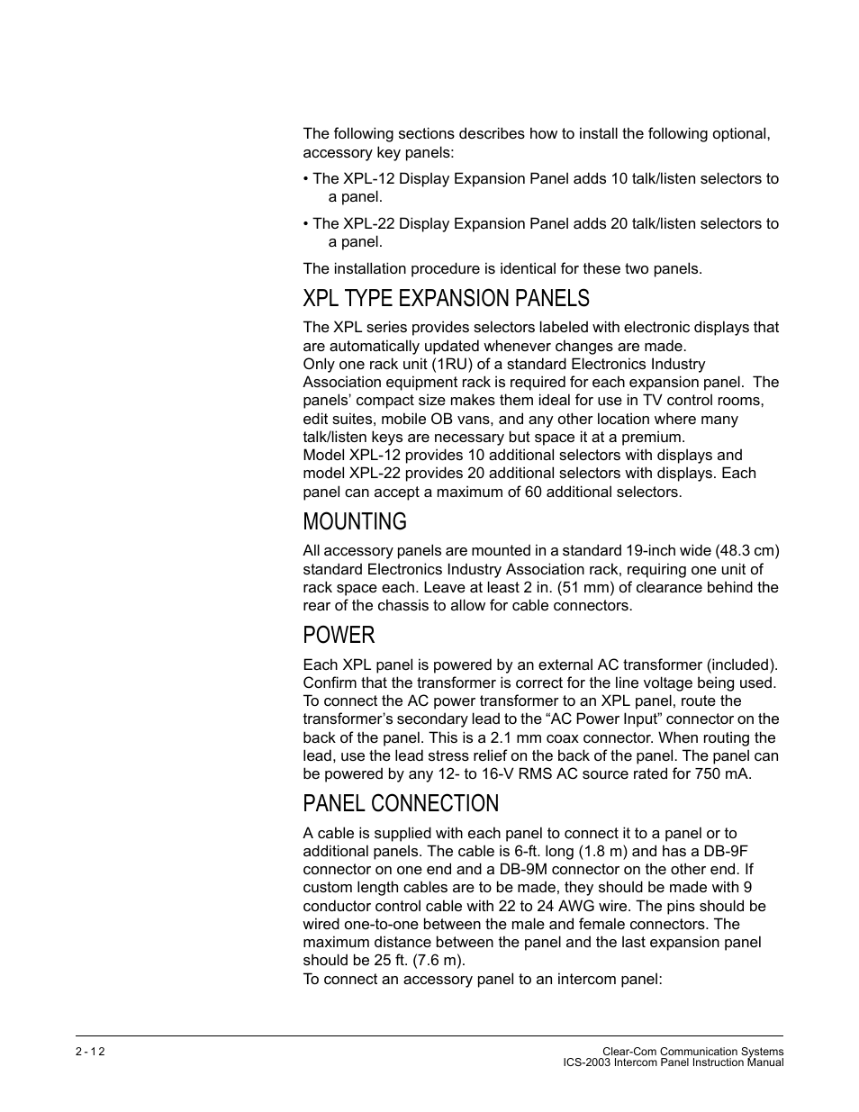 Accessory panels, Xpl type expansion panels, Mounting | Power, Panel connection | Clear-Com ICS-2003 User Manual | Page 38 / 97