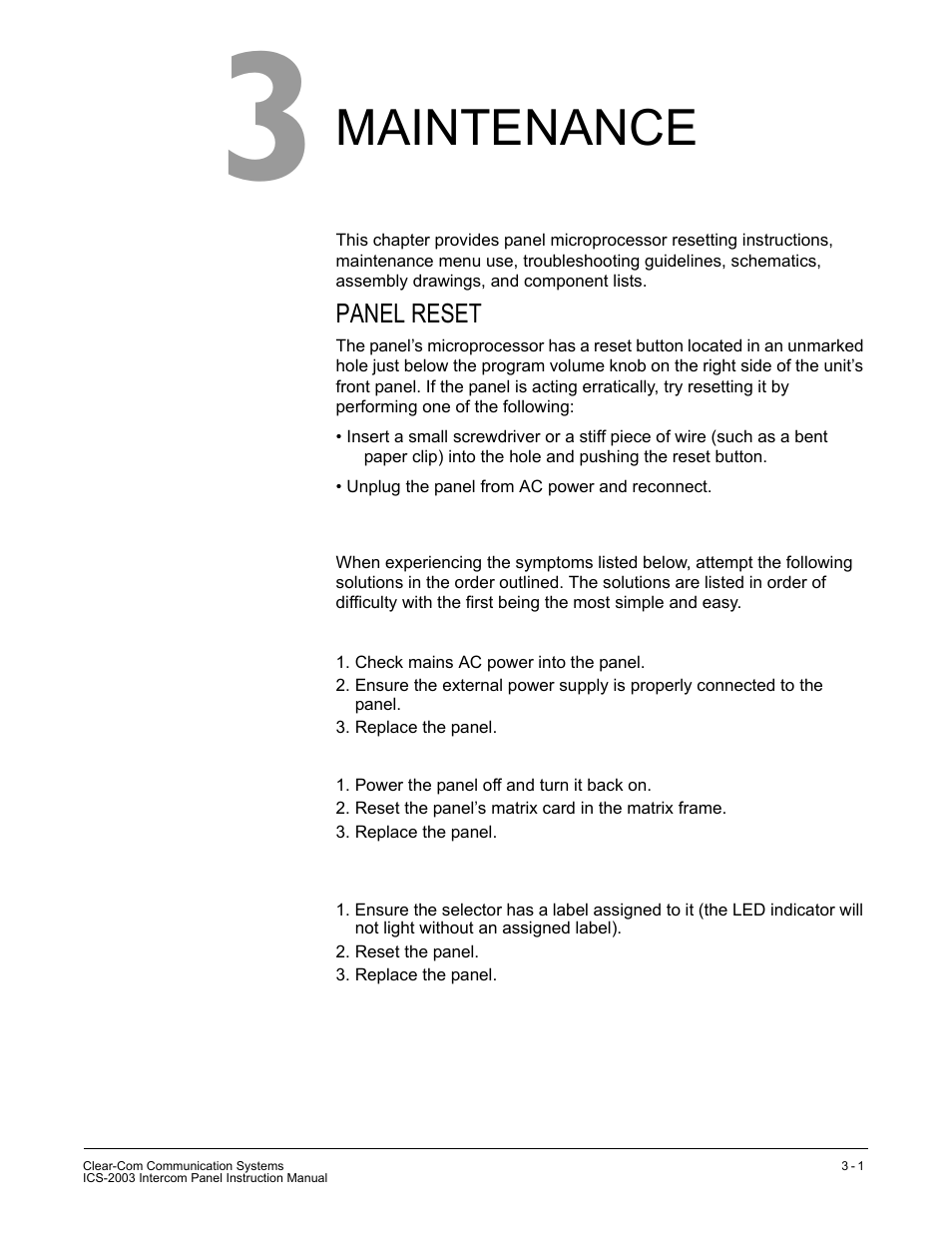 Maintenance, Introduction, Panel reset | Troubleshooting | Clear-Com ICS-2003 User Manual | Page 41 / 97