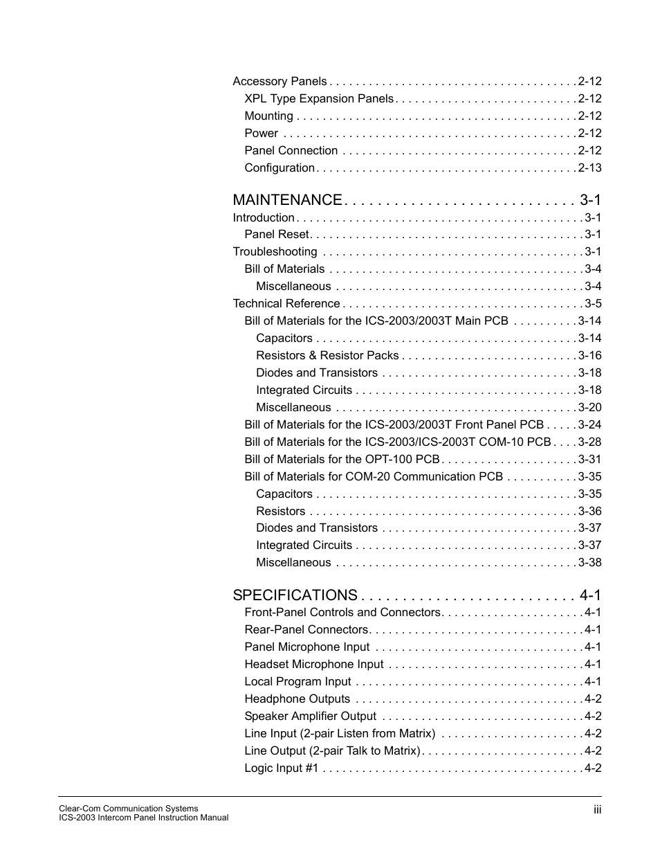 Maintenance -1, Specifications -1 | Clear-Com ICS-2003 User Manual | Page 5 / 97