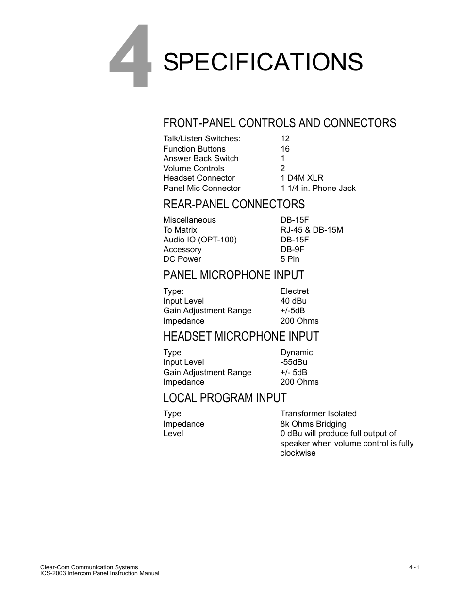 Specifications, Front-panel controls and connectors, Rear-panel connectors | Panel microphone input, Headset microphone input, Local program input | Clear-Com ICS-2003 User Manual | Page 79 / 97