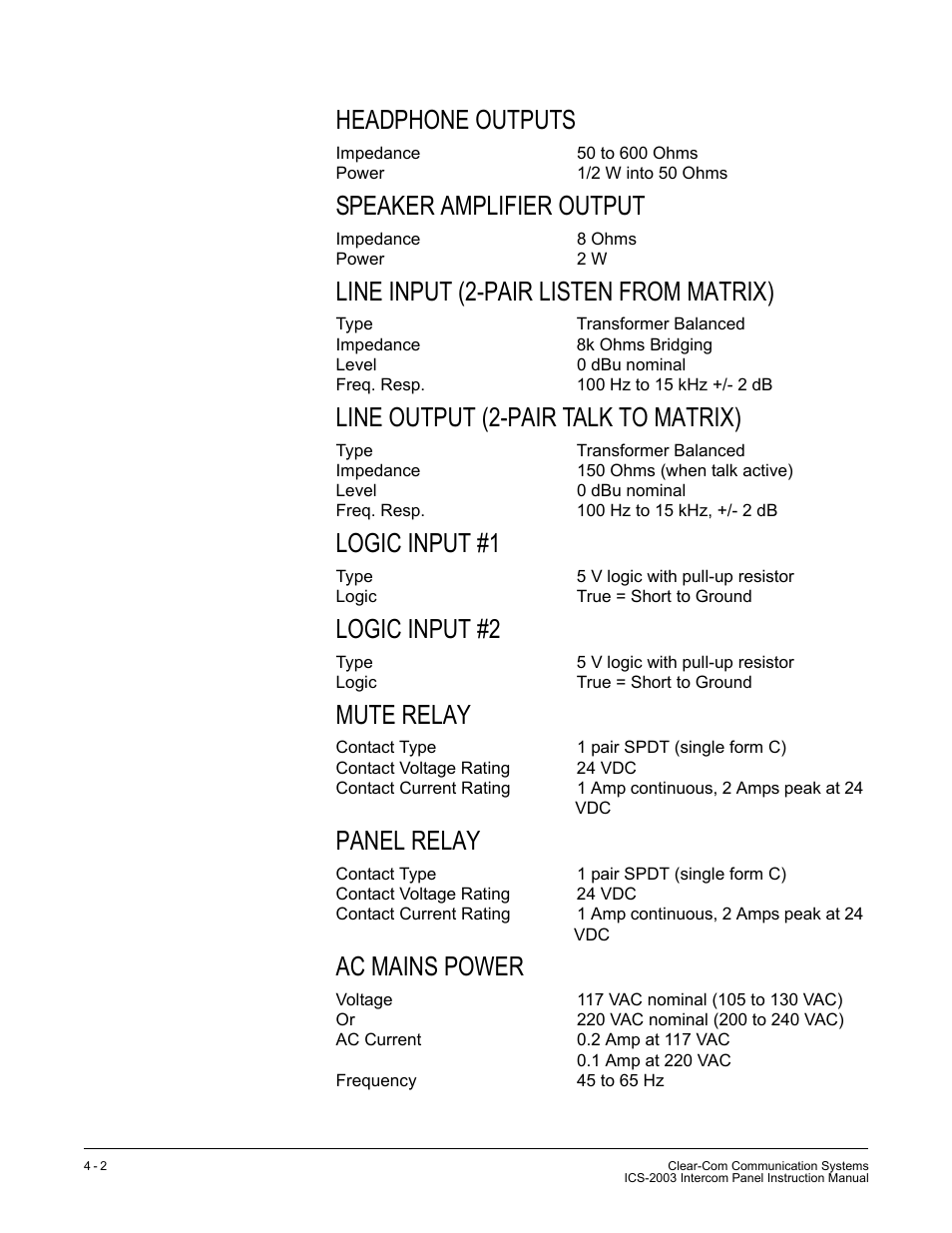 Headphone outputs, Speaker amplifier output, Line input (2-pair listen from matrix) | Line output (2-pair talk to matrix), Logic input #1, Logic input #2, Mute relay, Panel relay, Ac mains power | Clear-Com ICS-2003 User Manual | Page 80 / 97