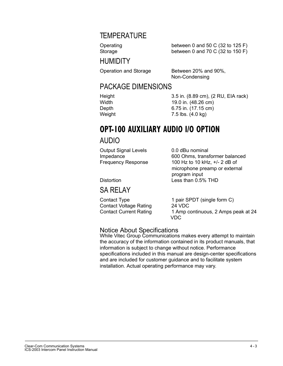 Temperature, Humidity, Package dimensions | Audio, Sa relay, Opt-100 auxiliary audio i/o option | Clear-Com ICS-2003 User Manual | Page 81 / 97