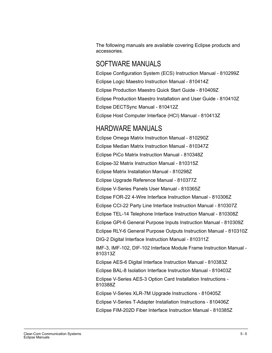 Eclipse manuals, Software manuals, Hardware manuals | Clear-Com ICS-2003 User Manual | Page 87 / 97