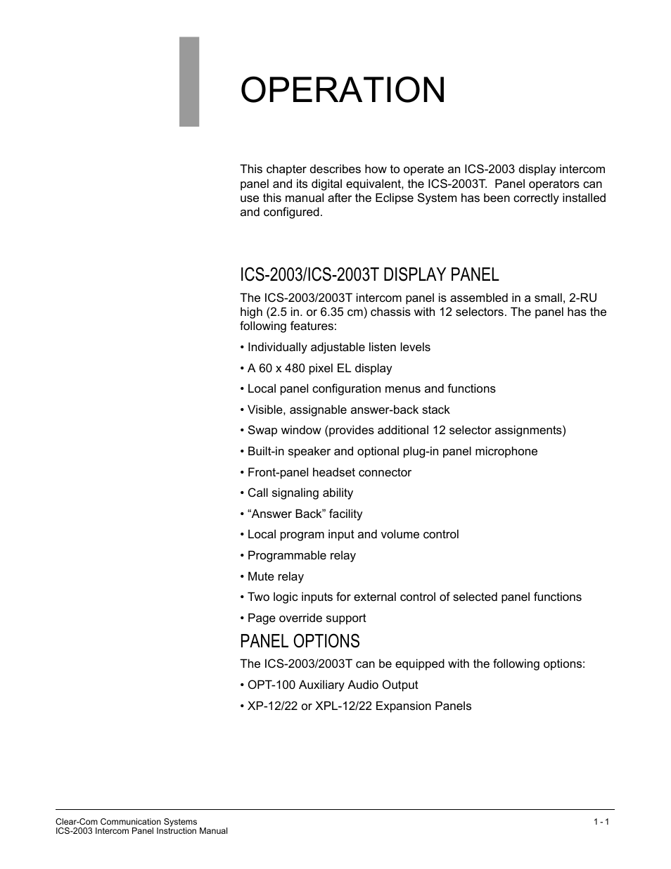 Operation, Introduction, Description | Ics-2003/ics-2003t display panel, Panel options | Clear-Com ICS-2003 User Manual | Page 9 / 97