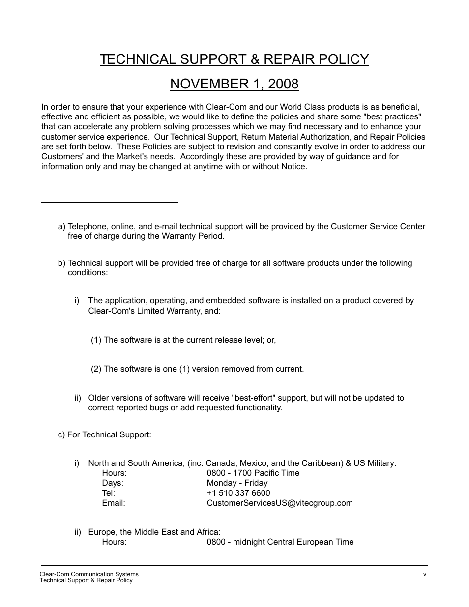 Technical support & repair policy, Technical support policy | Clear-Com ICS-2003 User Manual | Page 93 / 97