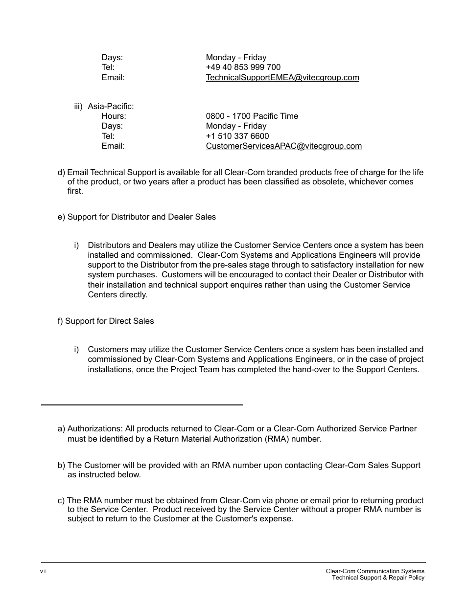 Return material authorization policy | Clear-Com ICS-2003 User Manual | Page 94 / 97