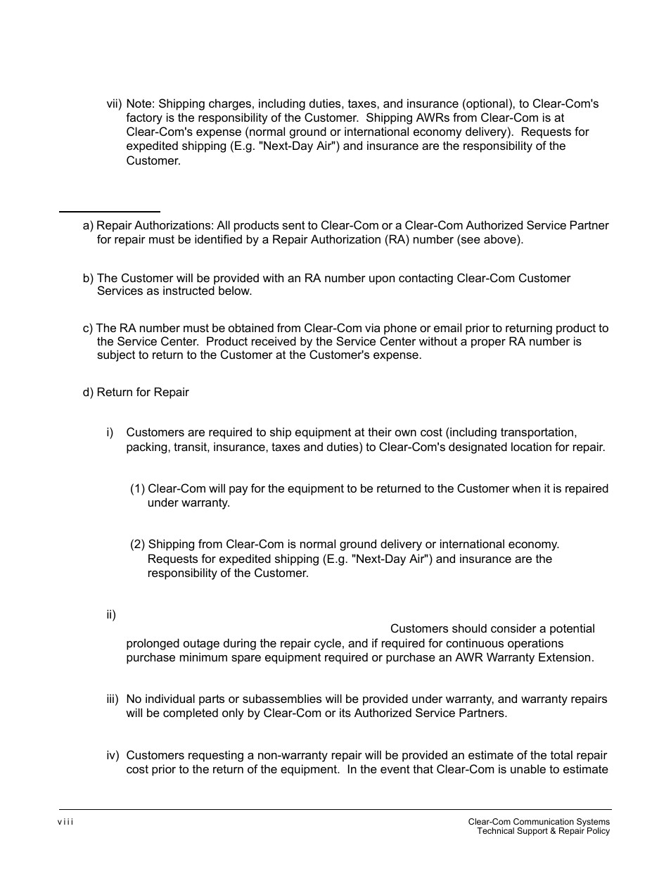 Repair policy | Clear-Com ICS-2003 User Manual | Page 96 / 97