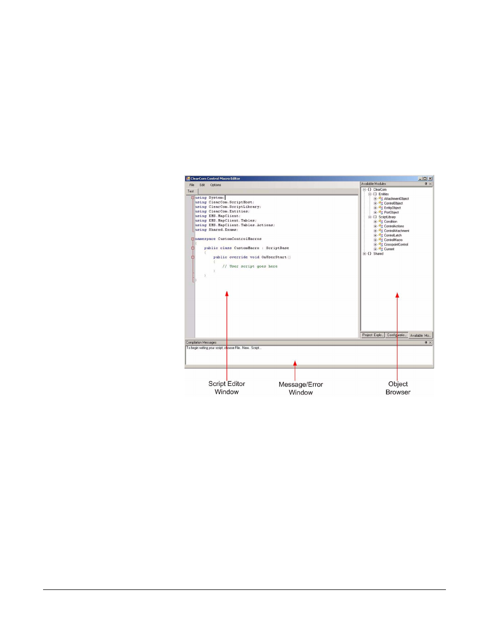 Control macro editor, Control macro editor window, Object browser | Control macro editor -4, Control macro editor window -4, Object browser -4, Figure 2-1 control macro editor screen -4 | Clear-Com Logic-Maestro User Manual | Page 70 / 163