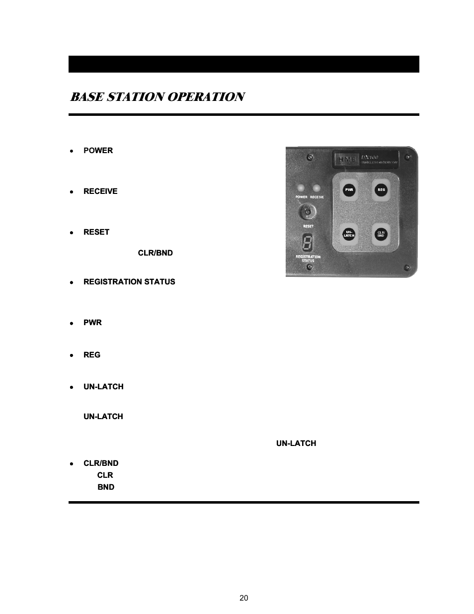 Equipment operation, Base station operation, Controls and indicators | Low battery indicator, Section 3, Low b, Attery indicator | Clear-Com HME DX100 User Manual | Page 24 / 35