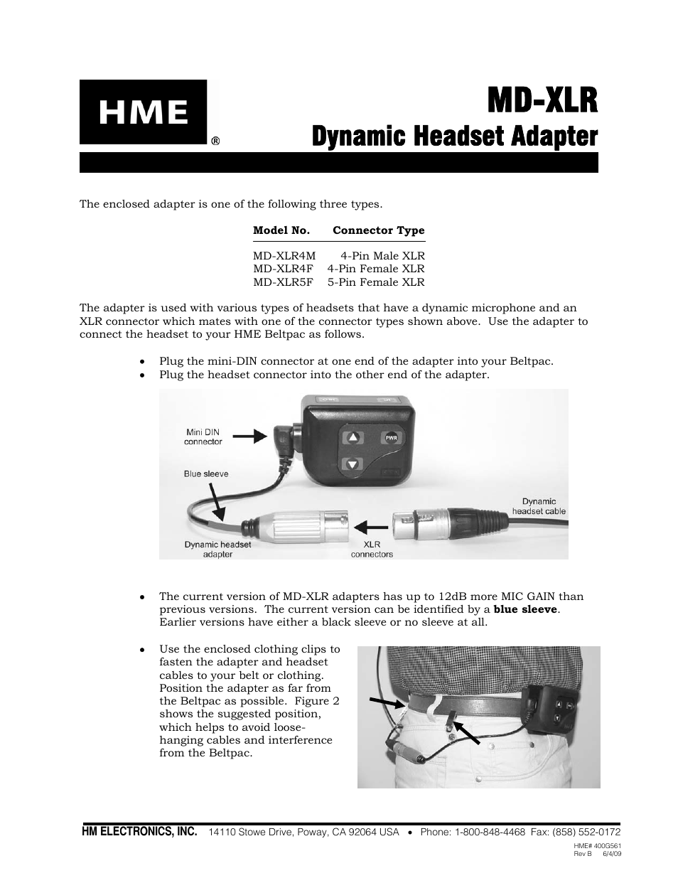 Clear-Com MD-XLR Headset Adapter User Manual | 1 page