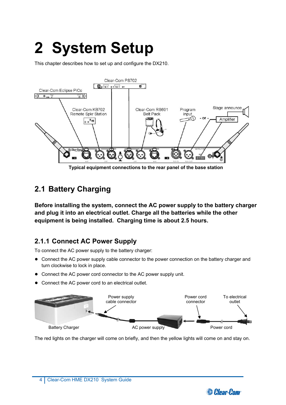 Battery charging, Connect ac power supply, 2 system setup | 1 battery charging, 1 connect ac power supply | Clear-Com HME DX210 User Manual | Page 10 / 36