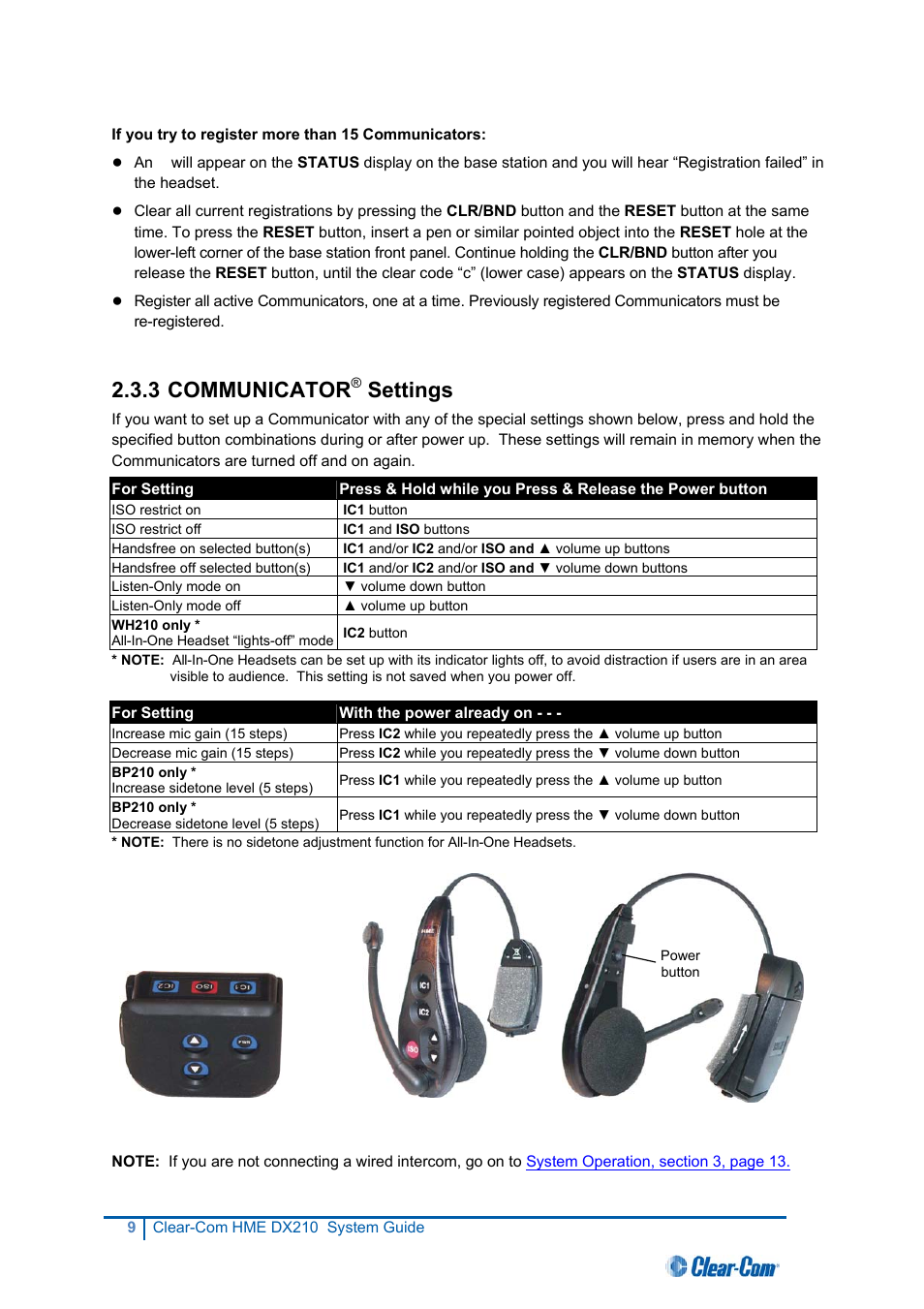 Communicator® settings, 3 communicator, Settings | Clear-Com HME DX210 User Manual | Page 15 / 36