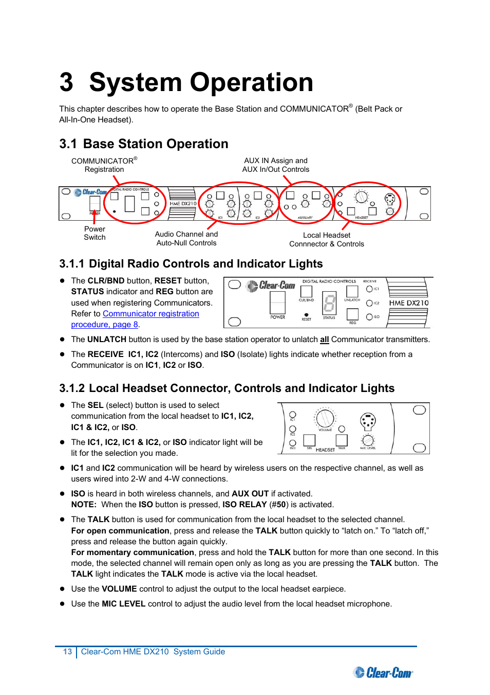 Base station operation, Digital radio controls and indicator lights, 3 system operation | 1 base station operation, 1 digital radio controls and indicator lights | Clear-Com HME DX210 User Manual | Page 19 / 36