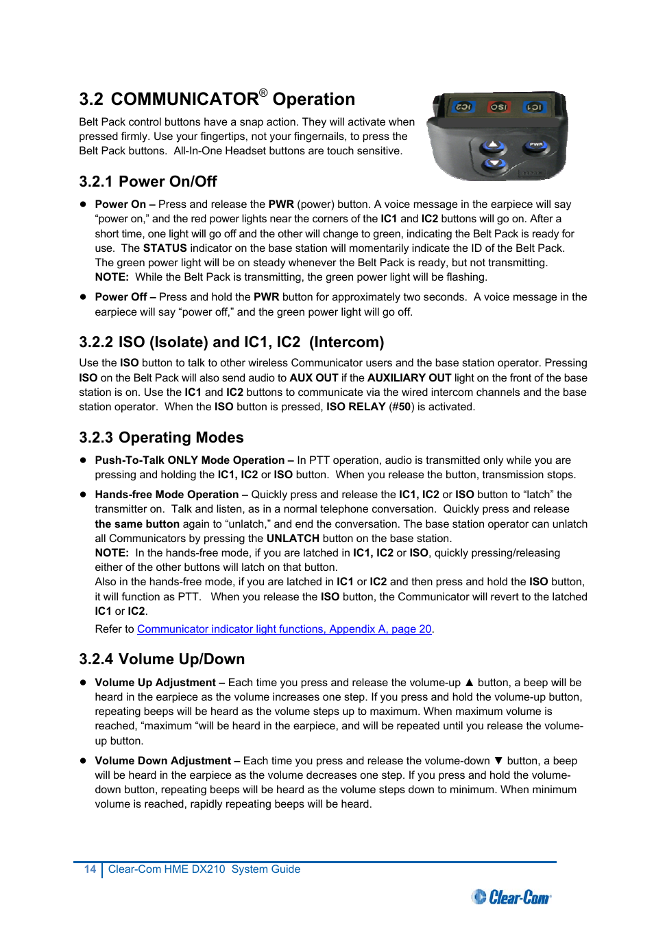 Communicator® operation, Power on/off, Iso (isolate) and ic1, ic2 (intercom) | Operating modes, Volume up/down, 2 communicator, Operation, 1 power on/off, 2 iso (isolate) and ic1, ic2 (intercom), 3 operating modes | Clear-Com HME DX210 User Manual | Page 20 / 36